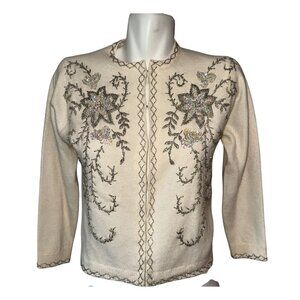 Vtg 60s White Beaded Sequin Cashmere Cardigan Sweater Lined Womens Size 38